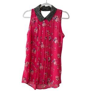 Bisou Bisou Medium Blouse Sleeveless Tank Sheer Top Shirt Pink Pleated Collar